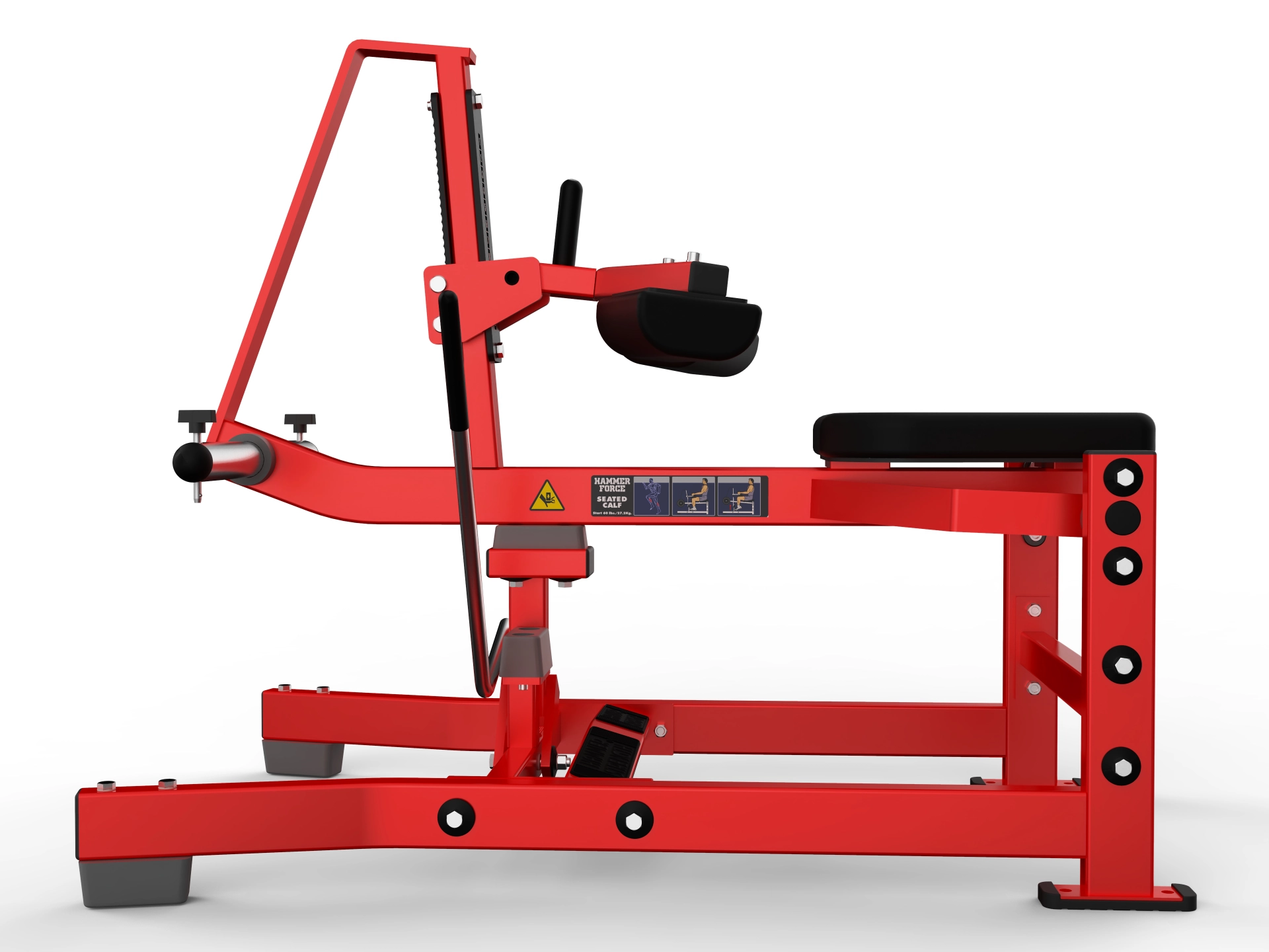 Red & Black Hammer Force Pro seated calf raise machine with plate-loaded resistance and adjustable thigh pad restraint