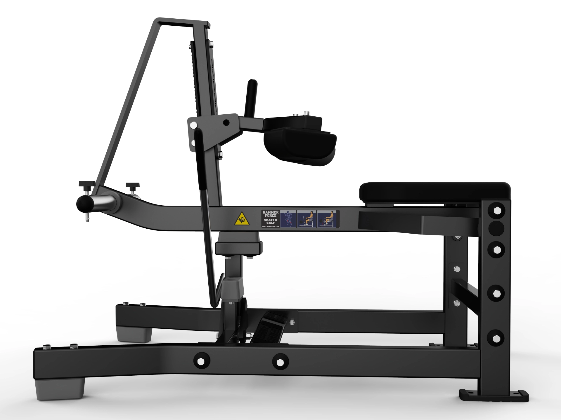 Black & Black Hammer Force Pro seated calf raise machine with plate-loaded resistance and adjustable thigh pad restraint